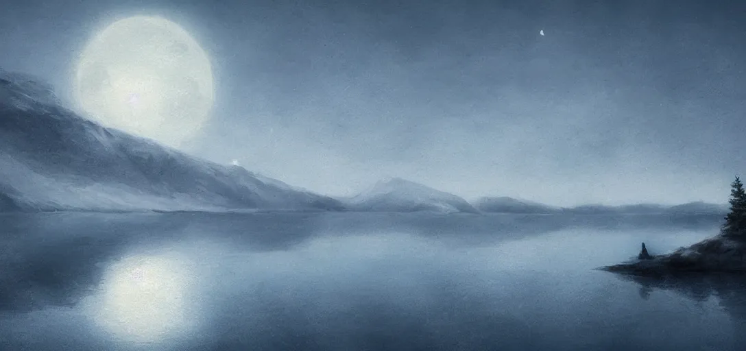 Prompt: lake in a totally white place with a moon in style of greg rutkowski