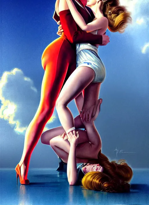 Image similar to brie larson and amber heard kissing, full body portrait, natural lights, photorealism, dramatic, cinematic, art by artgerm, rossdraws, norman rockwell, magali villeneuve, gil elvgren, alberto vargas, earl moran, enoch bolles