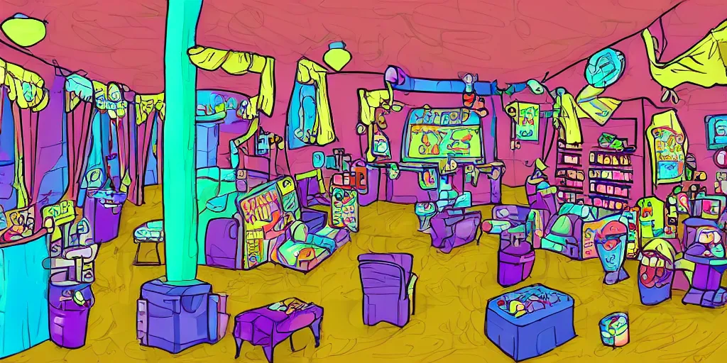 Image similar to a dimly lit, colorful, theater dressing room, made of candy, day of the tentacle style, drawn by Peter Chan