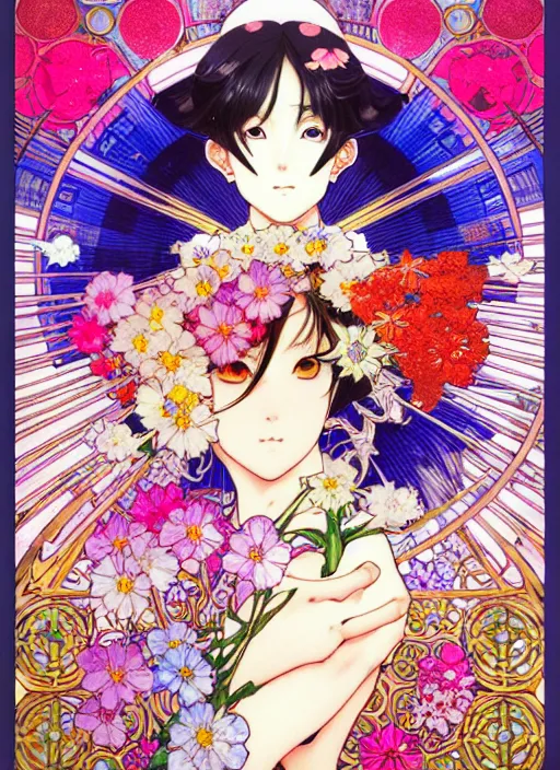 Image similar to exquisite imaginative manga poster art of genshin impact, flowers, pearlescent, shimmering, reflective, rim light, detailed background, by kojima ayami, shigenori soejima, minaba hideo, alphonse mucha, art nouveau, illustration, artstation, concept art, highly detailed, colorful, maximalist