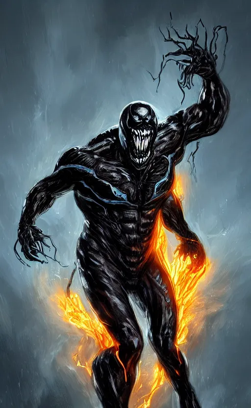 Image similar to venom as ghost rider, dynamic lighting, photorealistic fantasy concept art, trending on art station, stunning visuals, terrifying, creative, cinematic