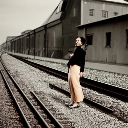 Prompt: a black haired woman gets annoyed by a train delay in germany, photography, hasselblad, large format n- 6