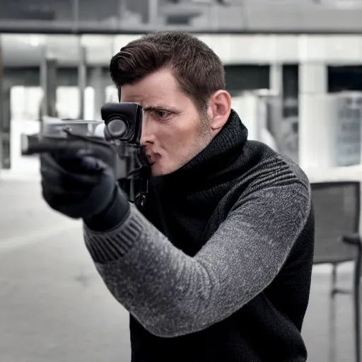 Prompt: A man in a black turtleneck sweater pointing a gun equipped with a suppressor