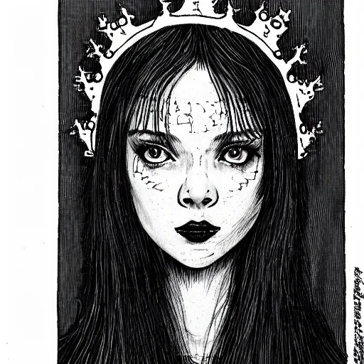 Prompt: a horror hyper real illustration of Elle Fanning with a crown by Junji Ito