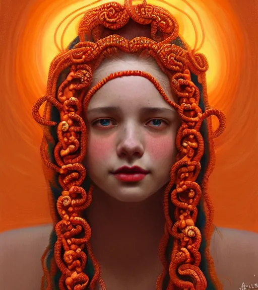 Prompt: portrait of teenage medusa, bald, naughty smile, coral snakes cover her head, wearing an embroidered orange tunic, intricate, elegant, copper and emerald jewelry, glowing lights, highly detailed, digital painting, artstation, concept art, smooth, sharp focus, illustration, art by wlop, mucha, artgerm, and greg rutkowski