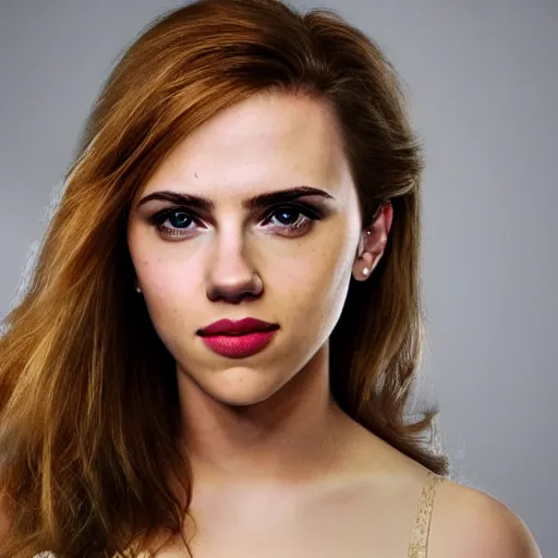 Image similar to a woman who is a genetic combination of scarlett johansson and emma watson face and upper - body focus