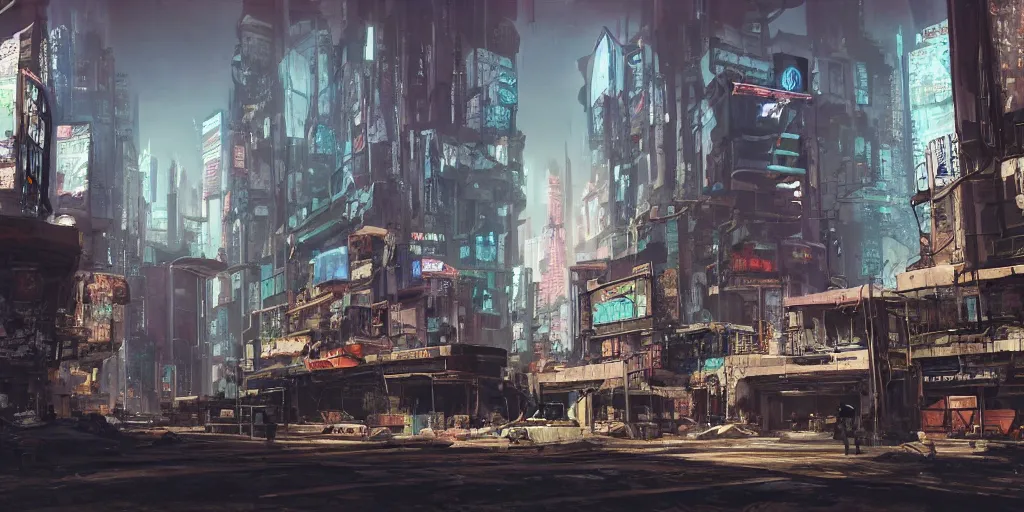 Prompt: remnants of a once advanced cyberpunk city, cinematic