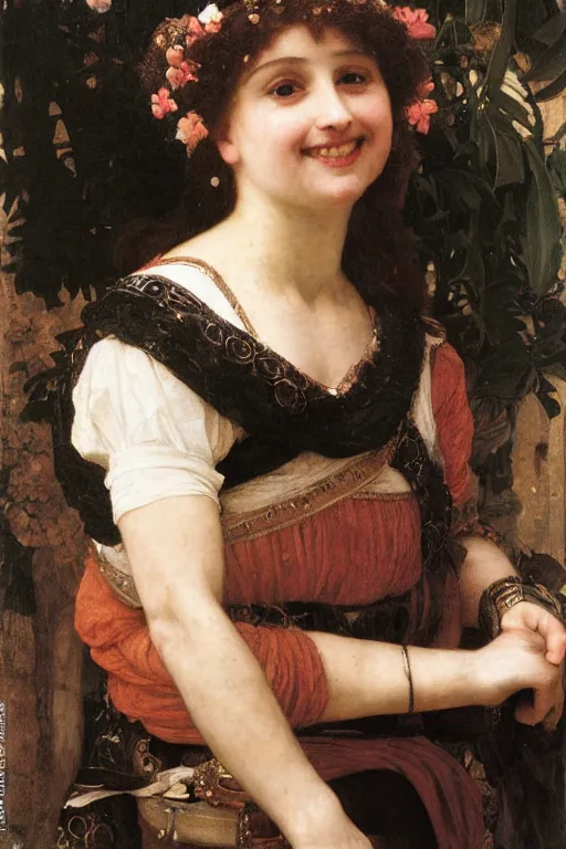 Image similar to a renaissance oil painting close shot portrait by alma tadema of a woman grinning evilly, obsidian jewellery, a crown made of dark candles and flowers, colourful pastel, detailed academic bouguereau, high shadow, sharp focus