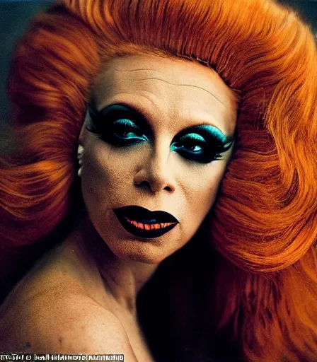 Image similar to a high quality, high detail, portrait of a drag queen by annie leibovitz, intense look in the eyes, moody, nostalgic