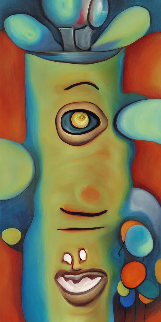 Image similar to surreal painting illustration of a humanized spoon with eyes and a smile