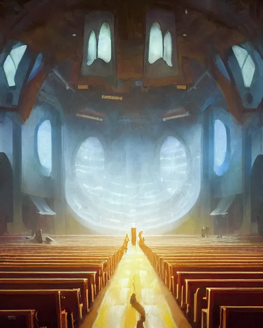 Image similar to craig mullins and ghibli digital illustration of a crowd in a futuristic church, priest, pews, ethereal, inviting, bright, raking light, unreal engine, hyper realism, realistic shading, cinematic composition, realistic render, octane render, detailed textures, photorealistic, wide shot