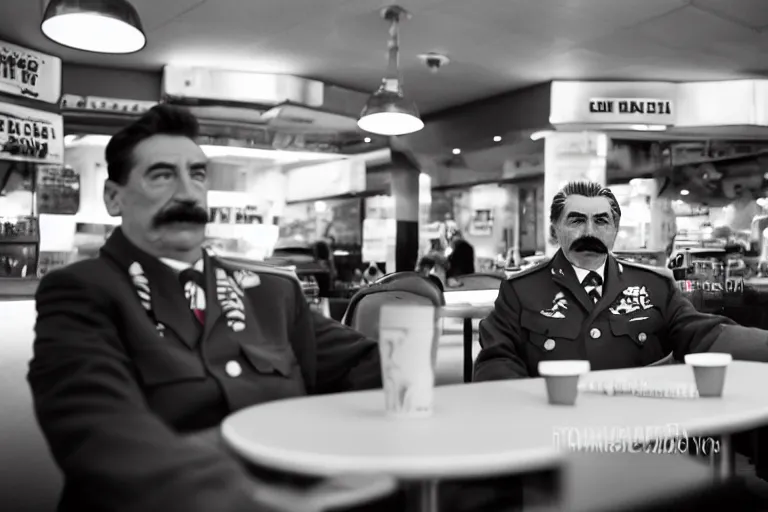 Image similar to a photo portrait of josef stalin in mcdonalds, sigma 2 4 mm f / 8 prize