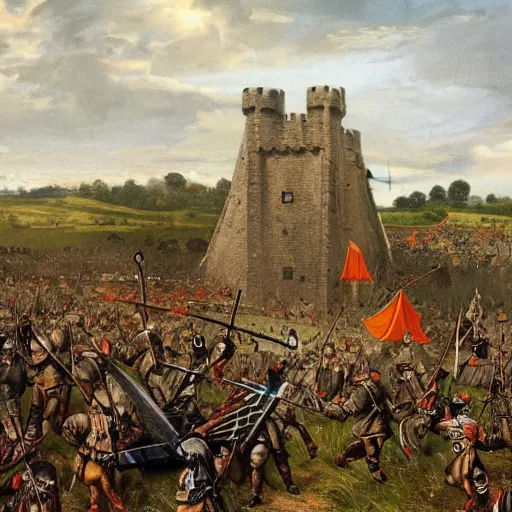 Image similar to a large army camped around a medieval castle, trebuchet and other artillery at the ready, 1200s, English country side, cloudy and rainy, trending on artstation