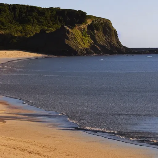 Prompt: sea with sandy beach in foreground, in the horison a black tower with the sun in front of it