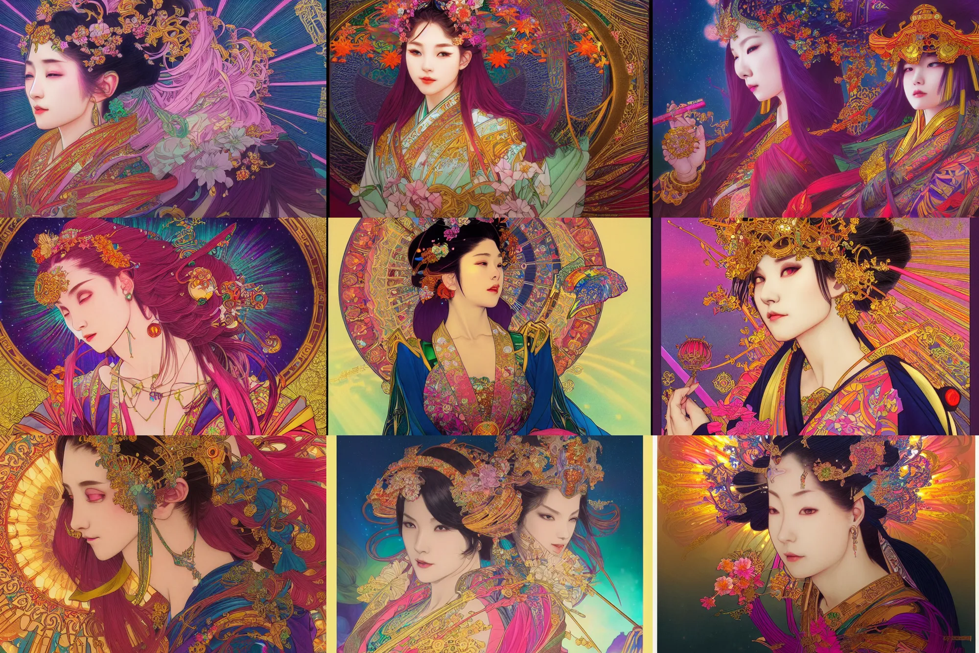 Prompt: colorful empress, night, japan, 4 k, ultra realistic, beautiful colors, epic lighting, machines, high detail, masterpiece, trending on artstation by artgerm and akihito tsukushi and alphonse mucha, crayons