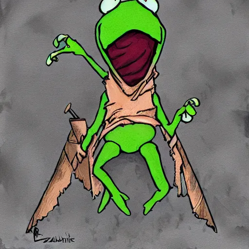 Image similar to evil kermit the frog, dark souls, bloodborne, elden ring, by hidetaka miyazaki