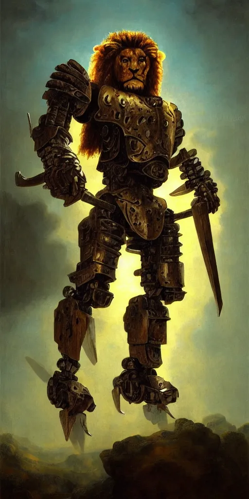 Prompt: muscular lion barbarian robocop armor full body pose, sun rays , small bird sihouettes in cyan background , very textured detailed oil painting by rembrandt , hard backlight , in dark cave