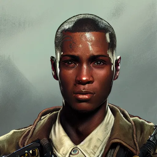 Image similar to Portrait of a black man with buzzcut as a soldier character in Fallout 4, gorgeous, beautiful, intricate, highly detailed, digital painting, artstation, oppressive lighting, concept art, sharp focus, illustration, art by greg rutkowski and alphonse mucha