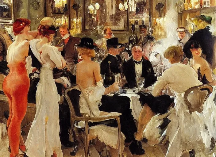 Prompt: gentlemens dinner, singing, roaring twenties, cellar, masterpiece, torches on wall, meat, wine, schnapps, smoking cigars, scantily clad blondes, oil painting by anders zorn and carl larsson, art nouveau