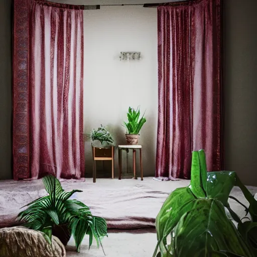 Prompt: 1 9 6 9 living in an older house, hippie pad, hippie chic, antiques, tropical houseplants, beaded curtains, posters on the walls, persian rugs, artstation, octane, 8 k, mildly desaturated.