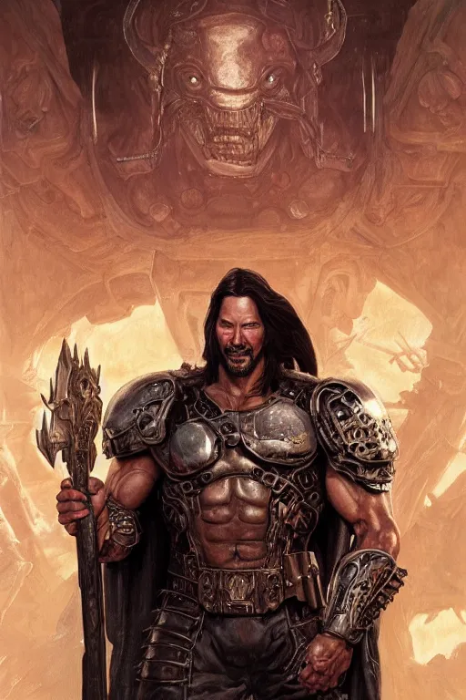 Image similar to ultra realistic illustration,, a hulking herculean keanu reeves with leather armour, from doom and warhammer, intricate, elegant, highly detailed, digital painting, artstation, concept art, smooth, sharp focus, illustration, art by artgerm and greg rutkowski and alphonse mucha