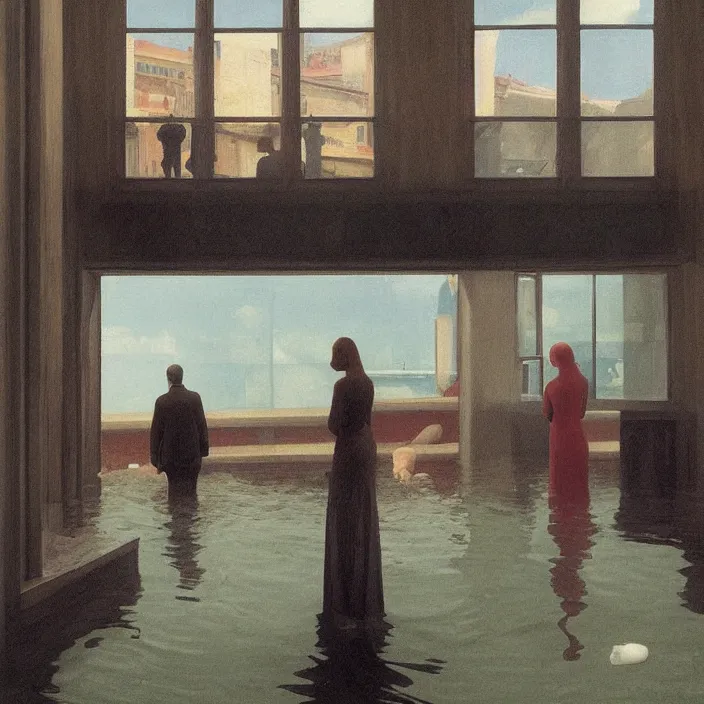 Image similar to fisheye lens, people inside water flooded museum, looking through the window Edward Hopper, highly detailed, artstation, art by zdislav beksinski and wayne barlowe