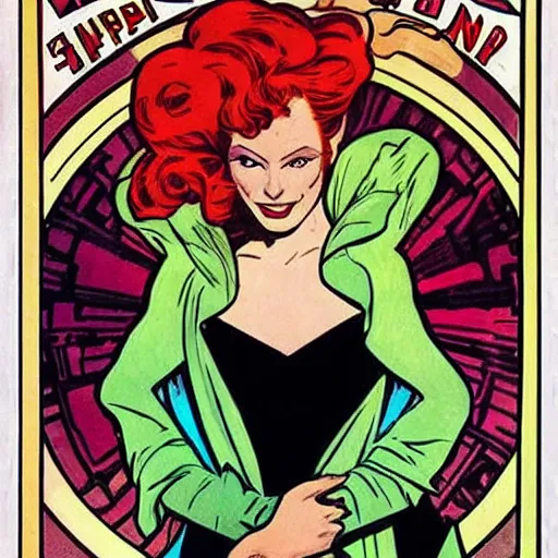 Image similar to a woman with red hair. she is a superhero, wearing a superhero costume. well composed, clean elegant painting, beautiful detailed face. retro comic book art by steve ditko and jack kirby and ( alphonse mucha )