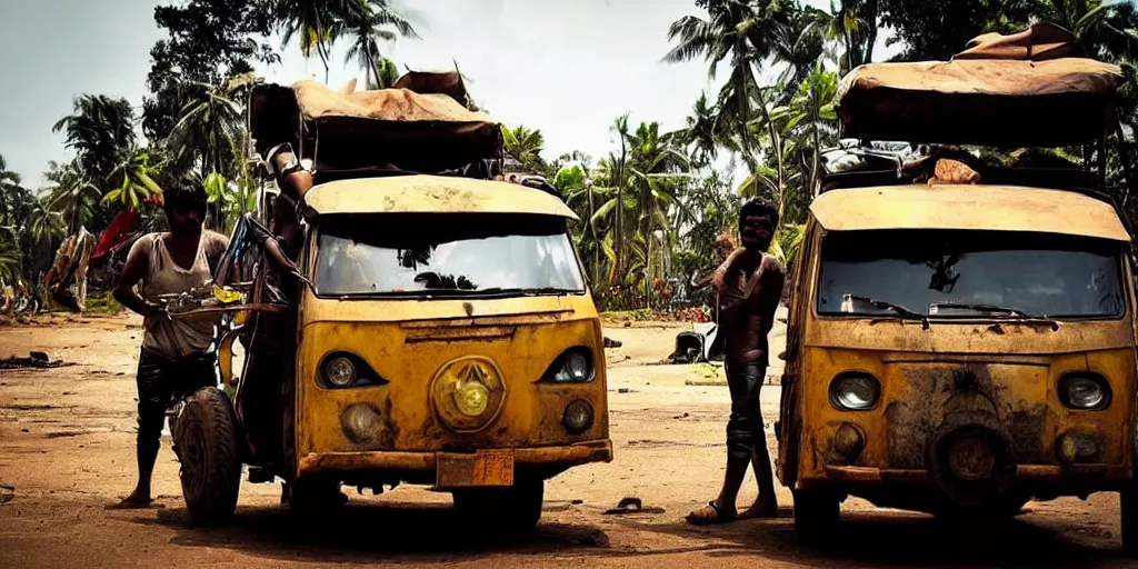 Image similar to sri lankan mad max style, driving a tuk tuk, film still, epic shot cinematography, rule of thirds