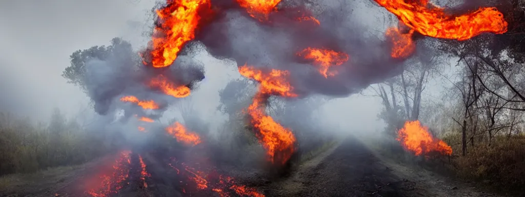 Image similar to Long bridge to hell, dslr, hyper realistic, photojournalism, scary, firey, disturbing