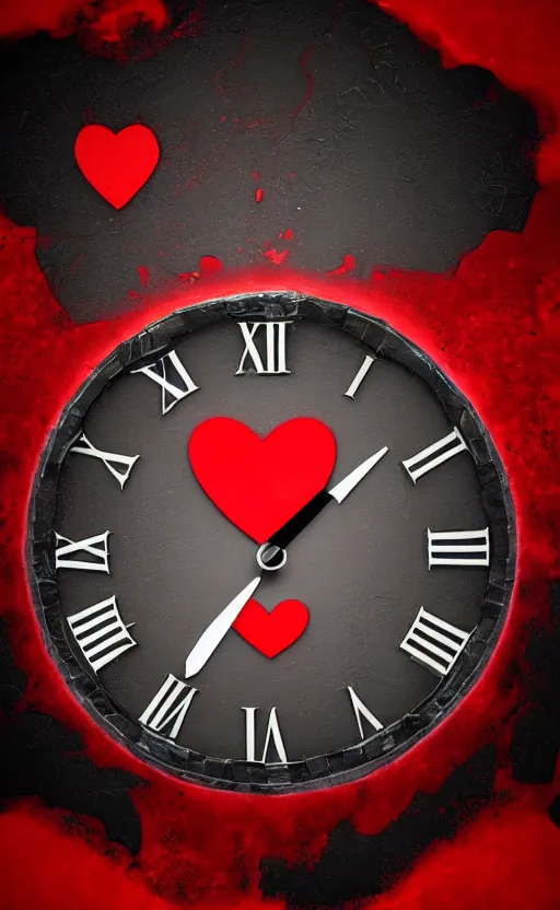 Image similar to a melting Roman numeral clock, behind a red and black gradient background, awith a black heart shaped on the top left corner and a black diamond card shape in the bottom right corner, dynamic lighting, photorealistic fantasy concept art, trending on art station, stunning visuals, cinematic, creative, ultra detailed