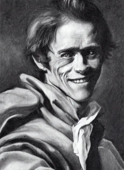 Image similar to portrait painting of young willem dafoe with stubble smiling warmly, renaissance oil painting, studious chiaroscuro