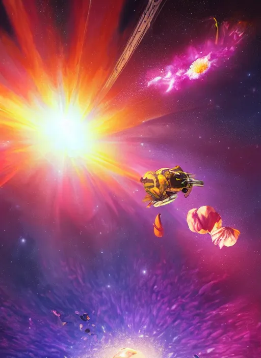 Image similar to An epic fantastic realism comic book style painting of the most beautiful flowers launched into space, bouquets, everything being pulled into a black hole, floral meteor, fisheye, unreal 5, DAZ, hyperrealistic, octane render, dynamic lighting