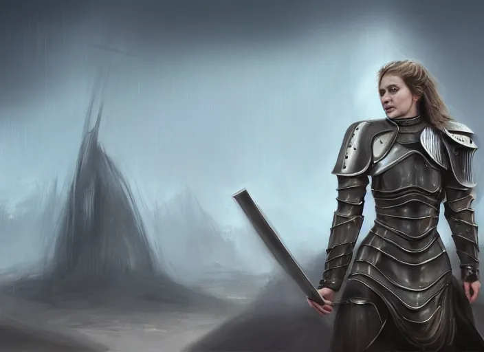 Image similar to landscape of a future city, a young english woman between the ages of 2 0 - 2 5 years, wearing armor and pointing a dagger, wearing a face full of anger. cinematic capture, dramatic condition, fine art, modern realism, sharp focus, good lighting, trending on artstation, trending on tiktok, smooth drawing, elegant, authoritative, without anomalies.