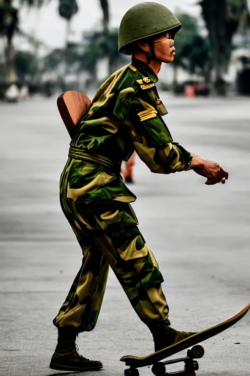 Image similar to vietnam soldier with skateboard, photography, hyperrealistic, vogue magazine photo style, dynamic composition, intricate, comfort posse, smooth, sharp focus, captured by nikon d 8 5 0, 4 k, full body.