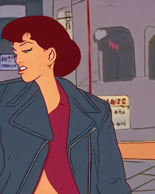 Prompt: portrait of an attractive young female protagonist wearing leather jacket, center focus, in city street, frank miller, ralph bakshi