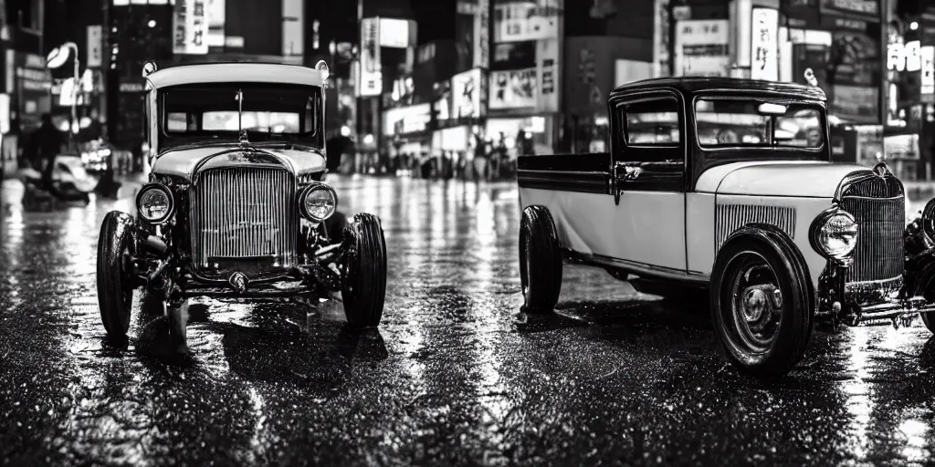 Image similar to close up macro shot of a ford t car on wet tokyo street at night, intricate, hyper detailed, smooth, dramatic lighting, cinematic