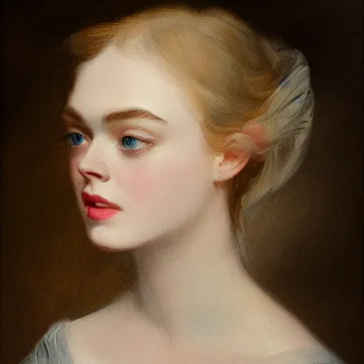Prompt: professional painting of Elle Fanning in the style of Thomas Lawrence, head and shoulders portrait, symmetrical facial features, smooth, sharp focus, illustration, intricate, stormy weather, extremely detailed masterpiece,