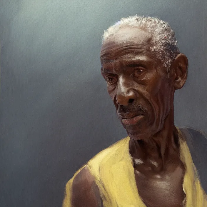 Image similar to a painting of a elder man by Lynette Yiadom-Boakye . dramatic angle, ethereal lights, details, smooth, sharp focus, illustration, realistic, cinematic, artstation, award winning, rgb , unreal engine, octane render, cinematic light, macro, depth of field, blur, red light and clouds from the back, highly detailed epic cinematic concept art CG render made in Maya, Blender and Photoshop, octane render, excellent composition, dynamic dramatic cinematic lighting, aesthetic, very inspirational, arthouse.