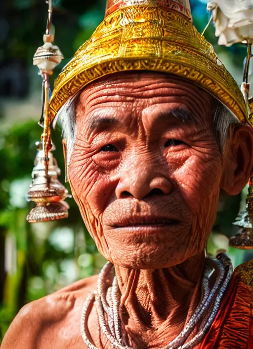 Prompt: an old Thai Shaman 1970s, XF IQ4, 150MP, 50mm, F1.4, ISO 200, 1/160s, natural light