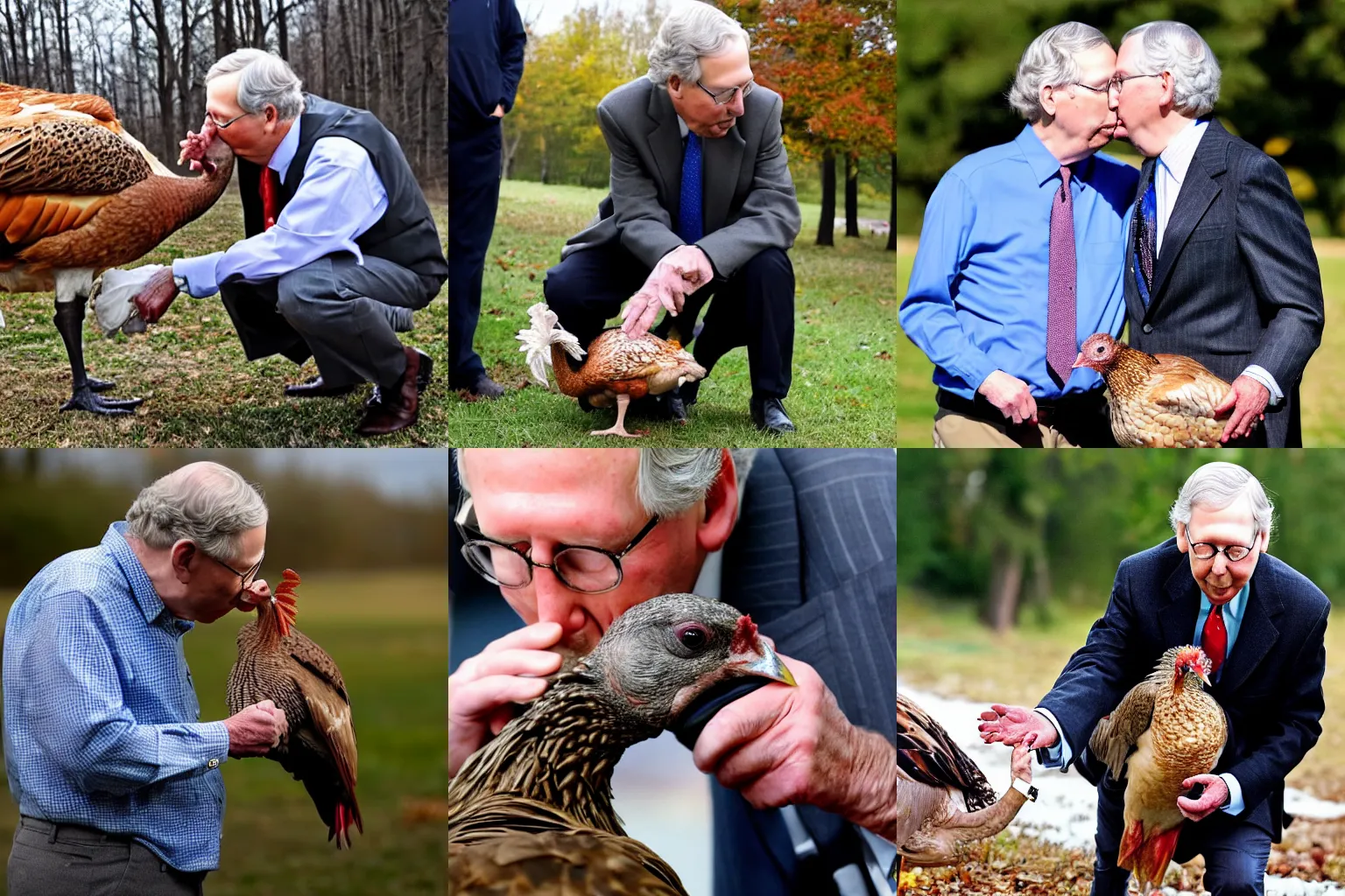 Prompt: Mitch Mcconnell kissing a turkey, he's the happiest he's been since stripping health care from poor people,