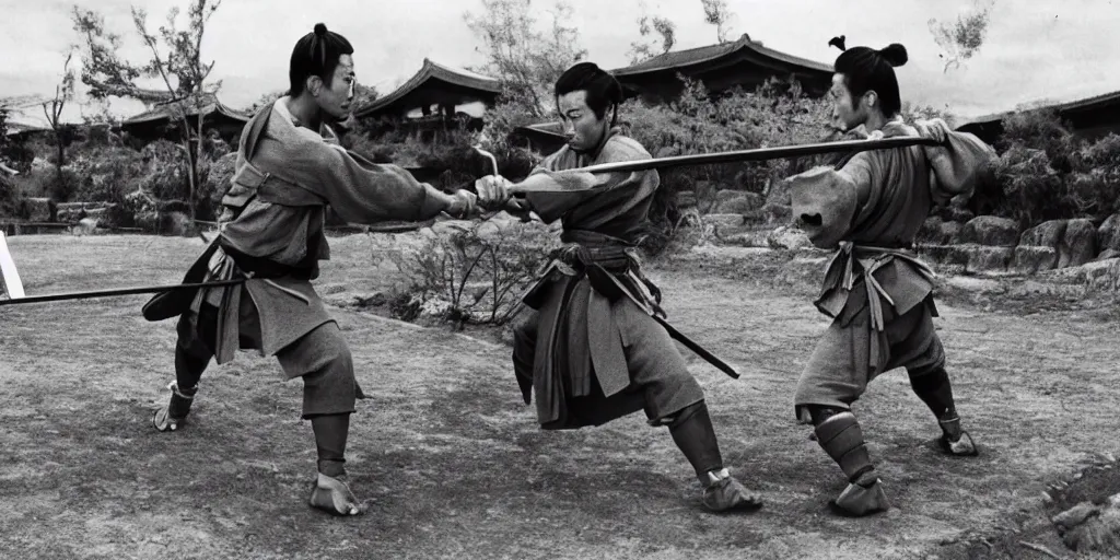 Image similar to two samurai fighting with katana in a japanese village, shot by Akira Kurosawa, film still of Seven Samurai (1954)