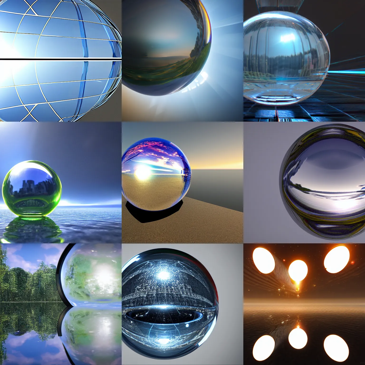 Prompt: a refractive glass sphere, reflections, retraction, optical physics, 4K, HDR, Photograph, unreal engine