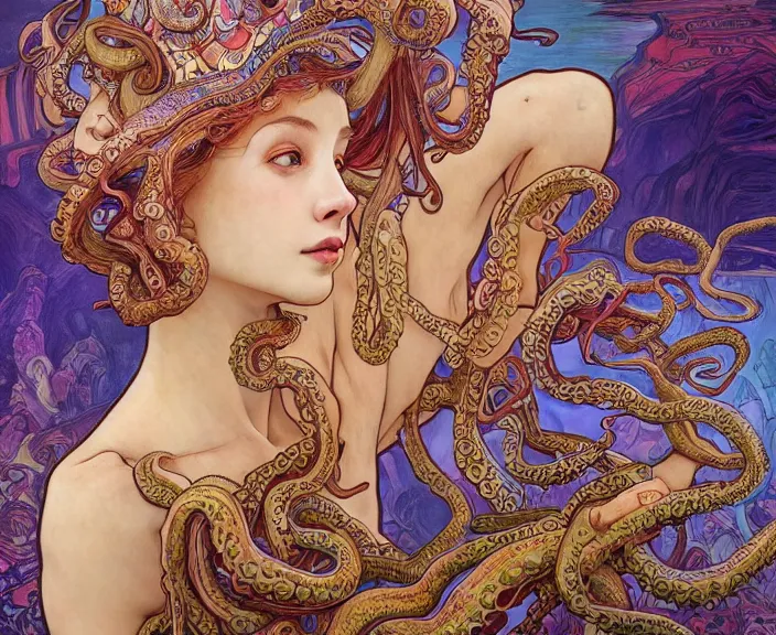 Image similar to portrait of an octopus goddess, full body shot, rule of thirds, wide angle, amazing landscape in background, fantasy, whimsical, horror, art by chengwei pan and alphonse mucha and josephine wall and amanda sage, intricately detailed, highly detailed, luxurious, elegant, clean, unsettling, trending on artstation