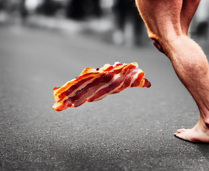 Image similar to A strip of bacon walking down the street, 4K, HD, Digital Art