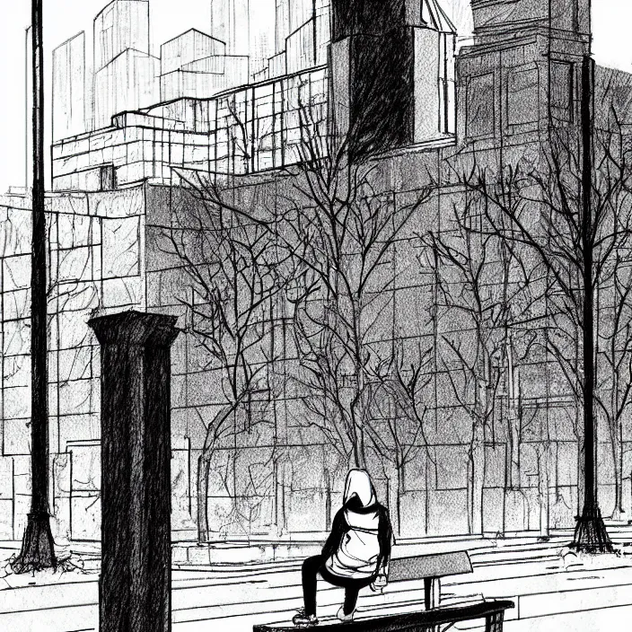 Image similar to storyboard : sadie sink in hoodie sat down on bench in ruined square, pedestrians walk by, old soviet monument nearby. scifi cyberpunk. drawn by gabriel hardman. cinematic atmosphere, detailed and intricate, perfect anatomy