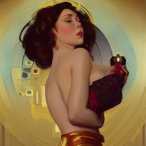 Image similar to modern woman | hyperrealistic | digital painting | trending on artstation | pinup portrait | clean | illustration | dressed | Unreal Engine 5 | 8k resolution | by Greg Rutkowski Alphonse Mucha Gustav Klimt and Mel Ramos