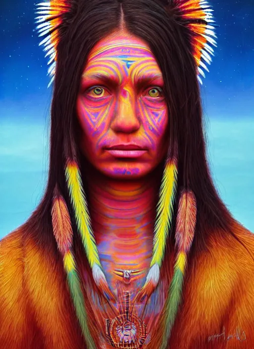 Image similar to portrait ultra dimensional native american woman girl shaman, accidentally tripping on dmt and acid, psychedelic experience, overwhelming psychosis of self realization and burning awakening, ultra high definition, unreal engine 5, hyperrealism, masterpiece composition, by casey weldon, barclay shaw