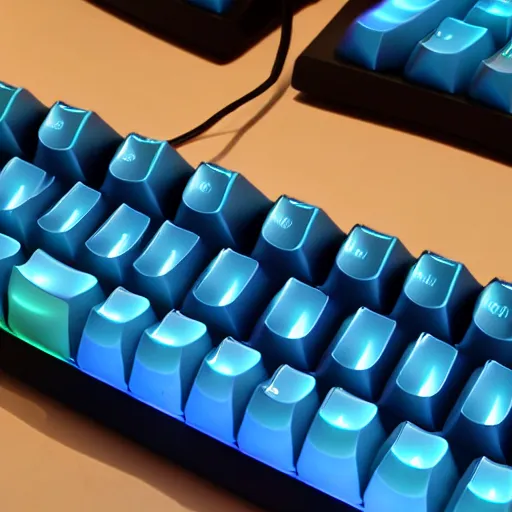 Prompt: a custom mechanical keyboard with theme of blue flames