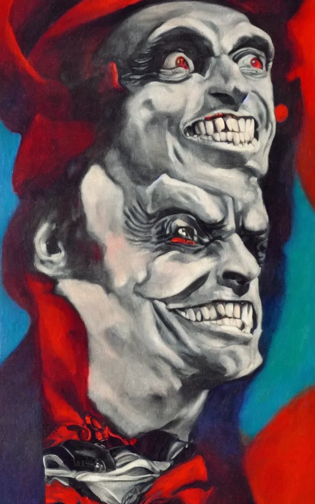 Image similar to portrait of conrad veidt the man who laughs wide grin, award winning oil painting, sharp color palette