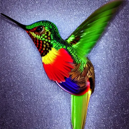 Prompt: detailed realistic photograph of a prismatic hummingbird, made of broken glass, dramatic, award - winning photography